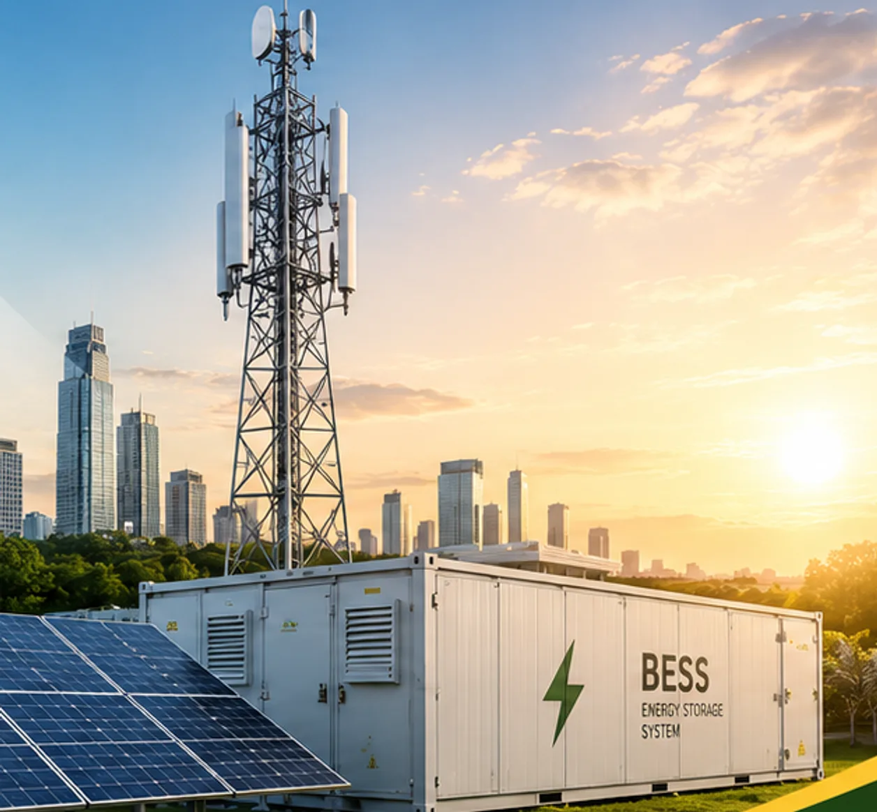 Ground-mounted solar PV array beside a containerised battery energy storage system and a telecom tower, with a city skyline at sunrise behind them.